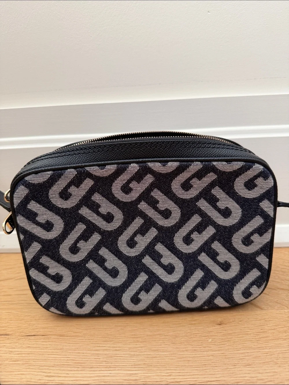 Furla Black and Gray Jacquard Crossbody Logo Bag